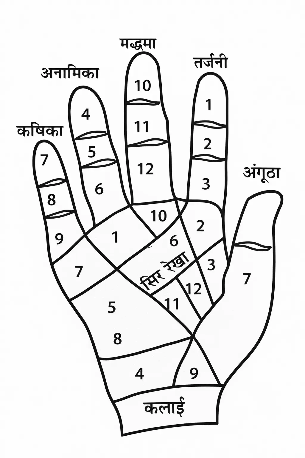 A detailed Lal Kitab palmistry diagram showing the 12 astrological houses mapped onto the palm and fingers. The image labels the thumb (Angutha), index finger (Tarjani), middle finger (Maddhma), ring finger (Anamika), and little finger (Kanishka), along with the head line (Sir Rekha) and wrist (Kalai).